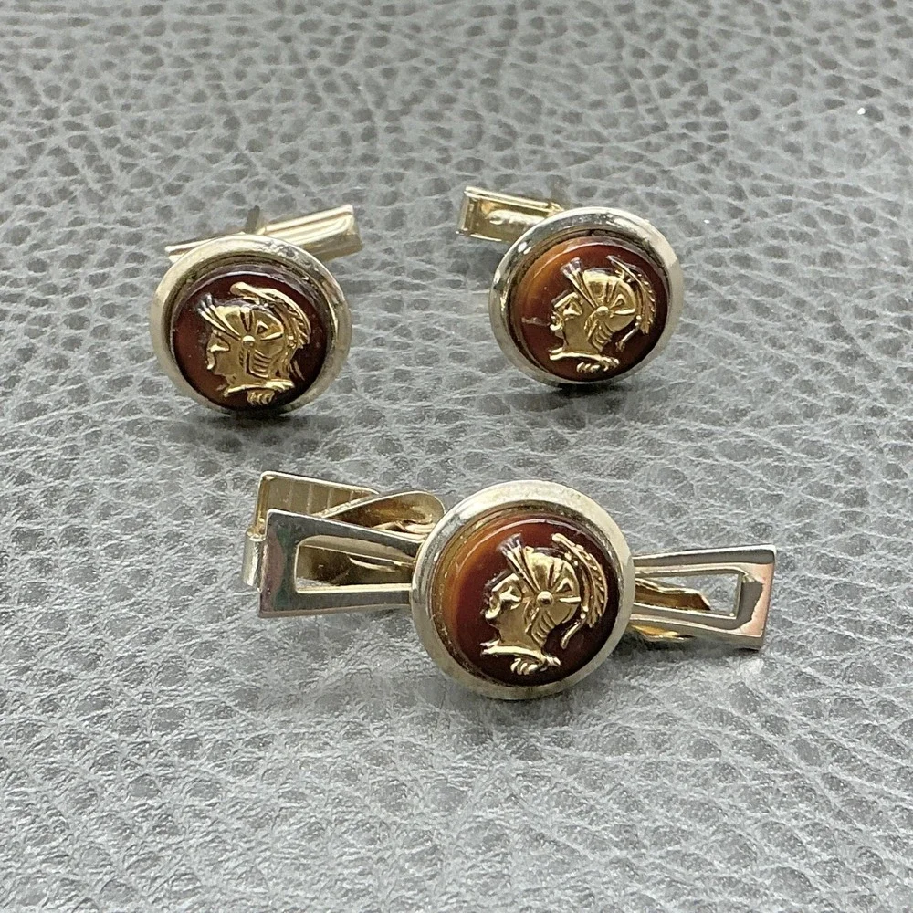 Vintage Mens Roman Warrior Cufflinks Tie Bar Set Gold‎ Tone Brown Cameo Cabochon